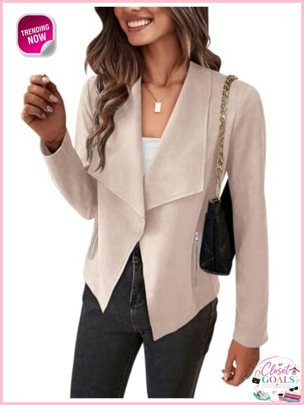 Faux Suede Cropped Jacket Waterfall Collar Open Front Long Sleeve Casual Coat
